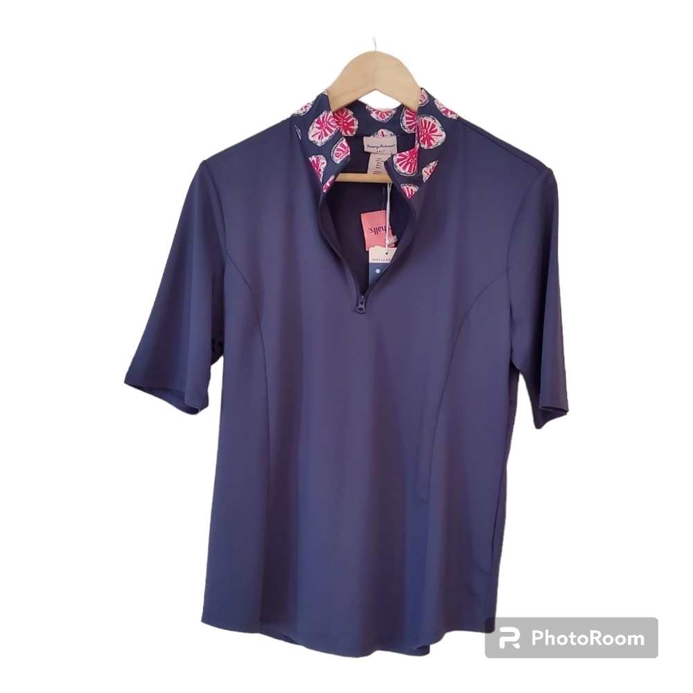 Tommy Bahama Golf Top Shirt Size Large Blue Pullover 1/4 Zip Floral Collar - Picture 3 of 14